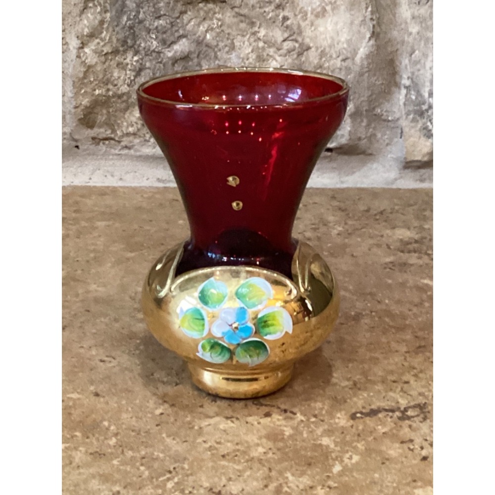 Vintage Italy Bud Vase Red Glass Gold Gilded Paint Flower Small 3.5" x 2"